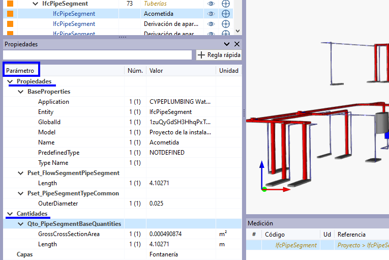 Propiedades y cantidades de los elementos IFC del modelo BIM de instalaciones MEP (Open BIM Quantities)